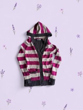 Roxy Hooded Stripe Cardigan - magenta, grey and cream